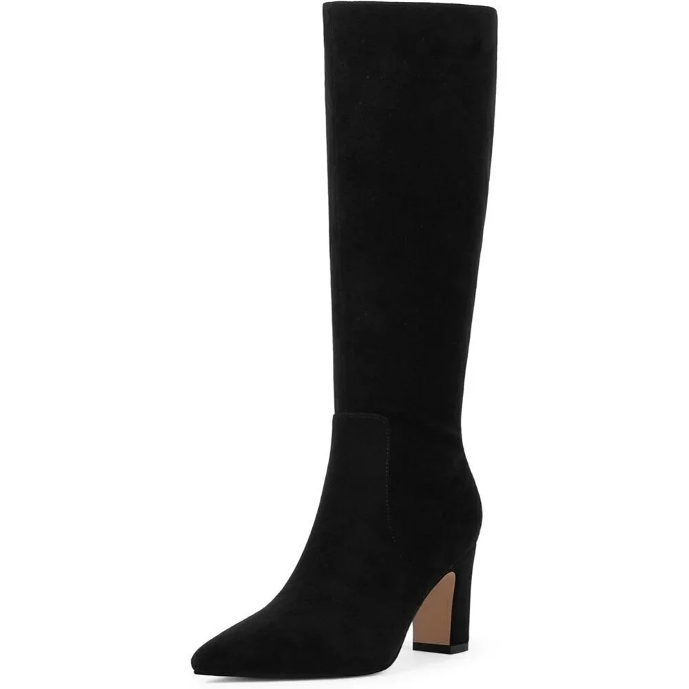 Women Black Chunky Heel Pointed Toe Side Zipper Fall Dressy Comfortable Boots